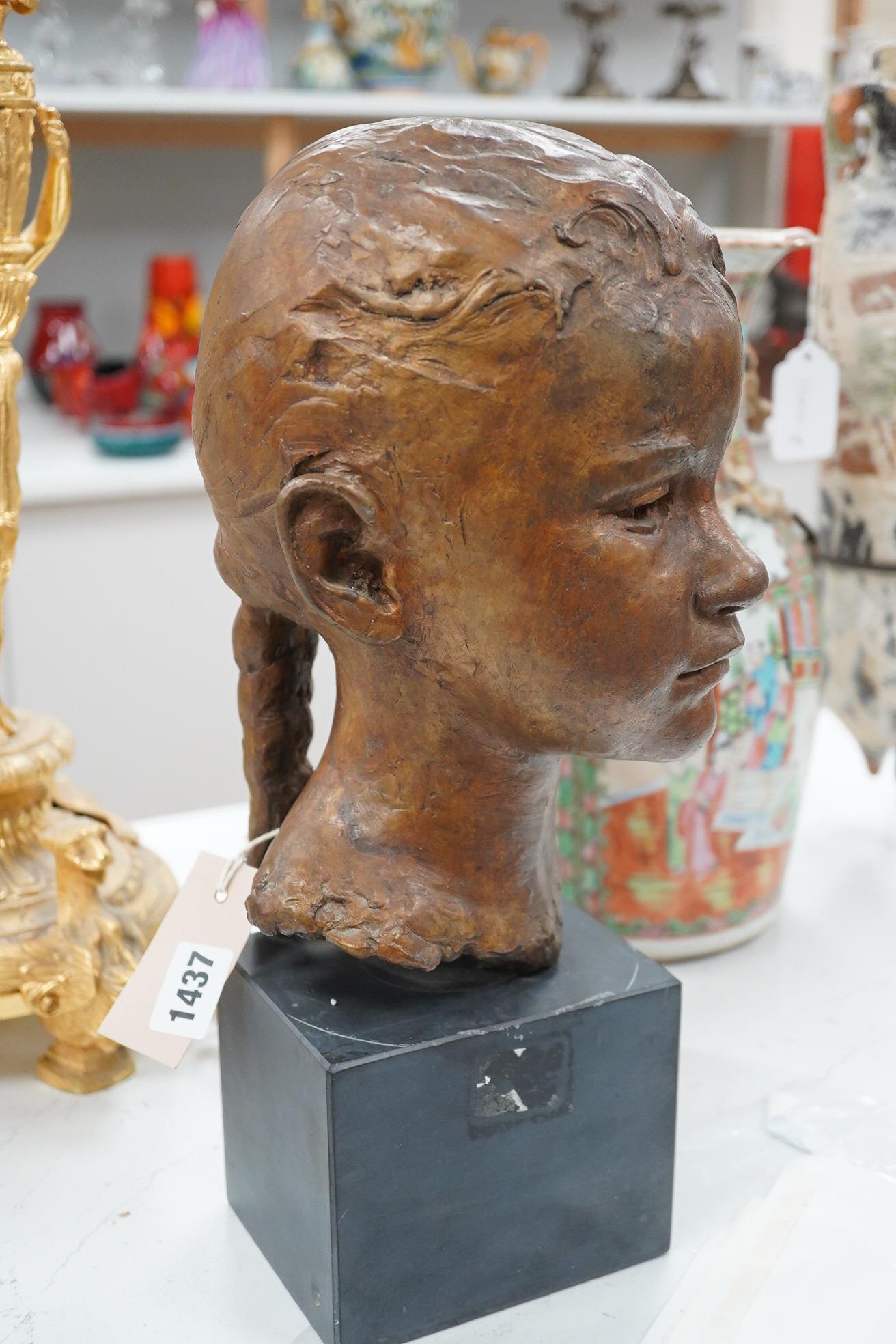 Bernard Sindall (1924-1998), a bronze head of 'Vanina', on slate plinth base, with accompanying letter to the purchaser from the artist, height 38cm (overall). Condition - wear to base, otherwise good